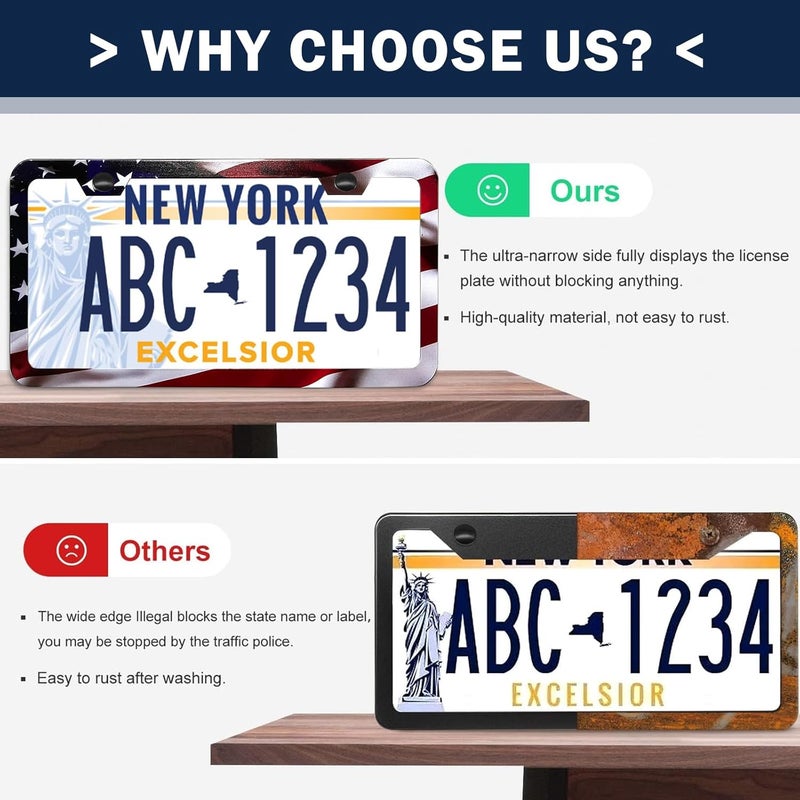 LIN KANG Patriotic American Flag License Plate Frame Holder - 2 Pack Universal Aluminum Matte Stripe US Flag Gloss Car Plate Frame Covers with 2 Holes and Screws Fasteners Caps - Image 2